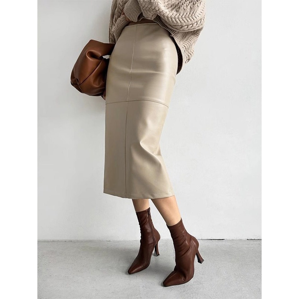 COMMENSE Apricot Faux Leather Piping Slit Midi Skirt Size S